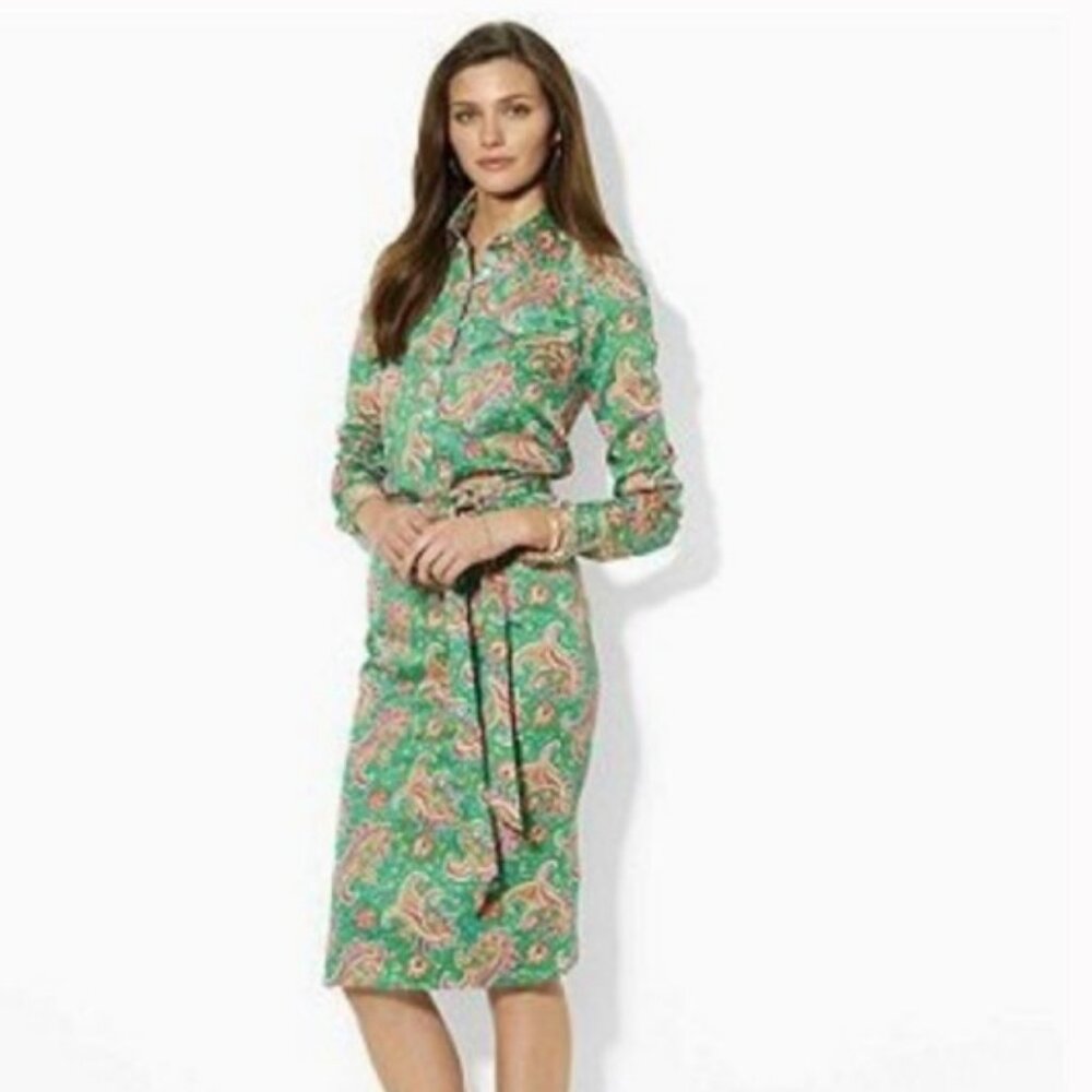 Ralph Lauren petite size 2P green and pink paisley print buttoned side tie dress